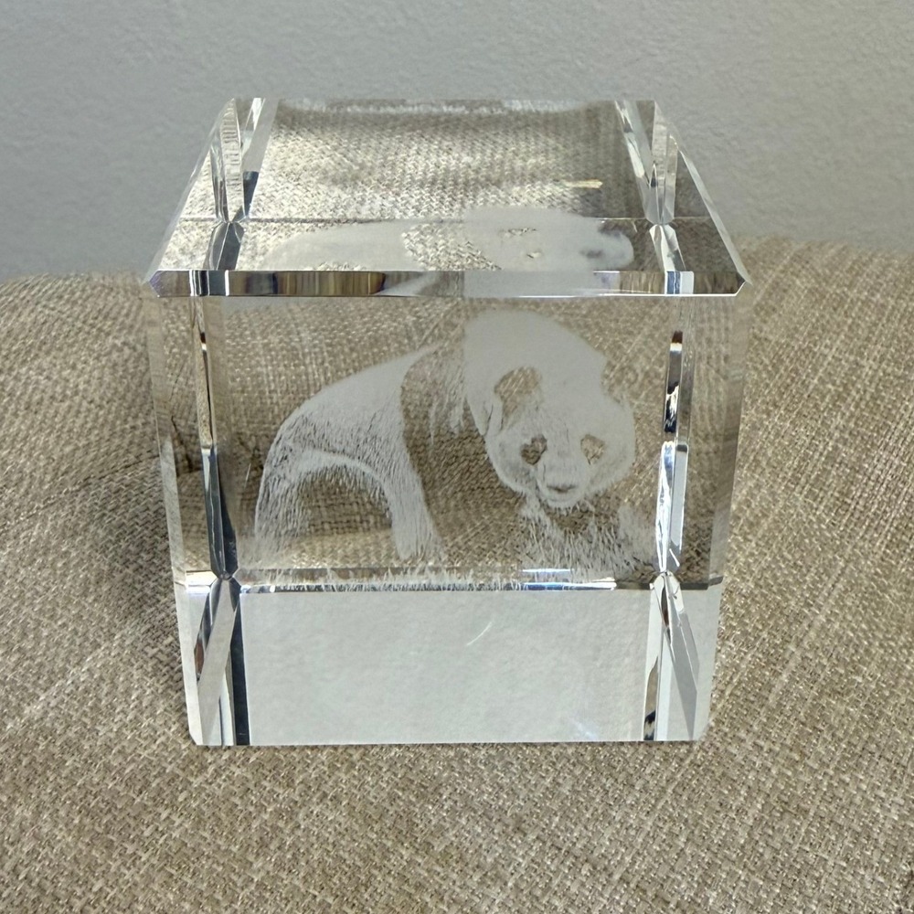 3D Laser Engraved Crystal Glass Cube Panda Bear Paperweight Collectible Gift